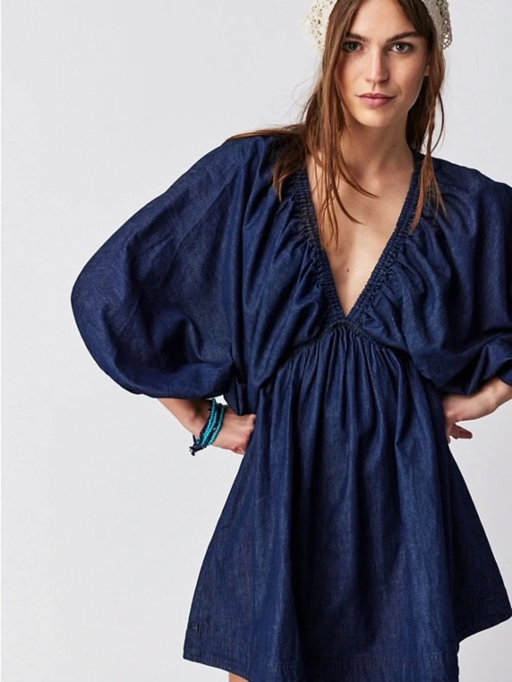 Free People Portia Demin Mini Dress Blue Summer Capsule Puff Sleeve | Medium